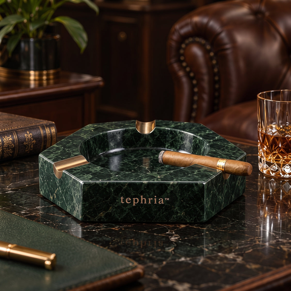 10-tephria™ 13 Verde Quarry — Green Marble Ashtray with Bronze-Finished Cigar Rests