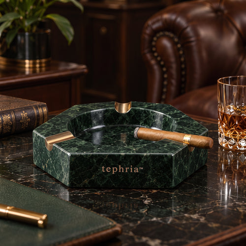 10-tephria™ 13 Verde Quarry — Green Marble Ashtray with Bronze-Finished Cigar Rests
