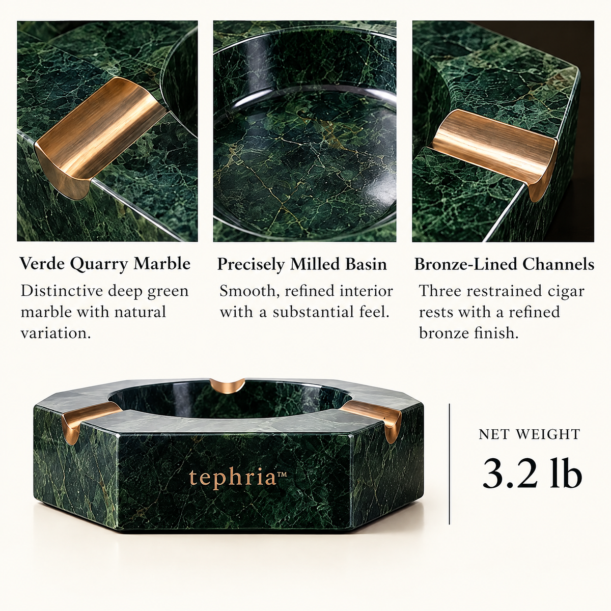 10-tephria™ 13 Verde Quarry — Green Marble Ashtray with Bronze-Finished Cigar Rests