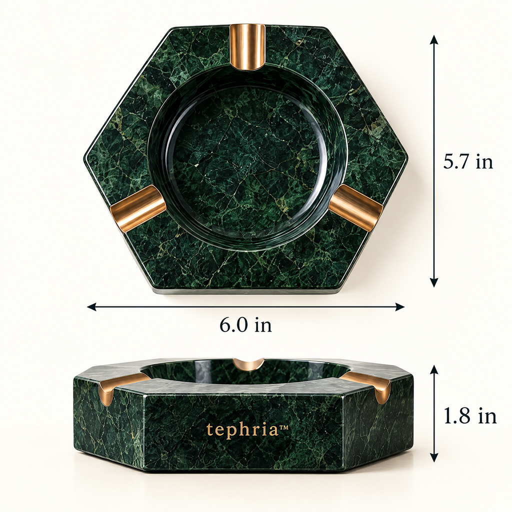 tephria™ 13 Verde Quarry — Green Marble Ashtray with Bronze-Finished Cigar Rests
