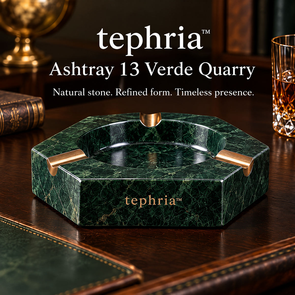 10-tephria™ 13 Verde Quarry — Green Marble Ashtray with Bronze-Finished Cigar Rests