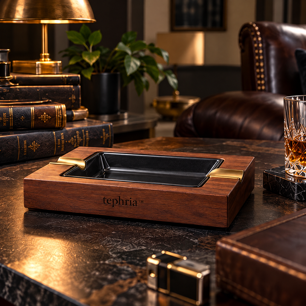 tephria™ 05 Walnut Axis — Walnut Ashtray with Removable Ceramic Basin and Brass Cigar Rests