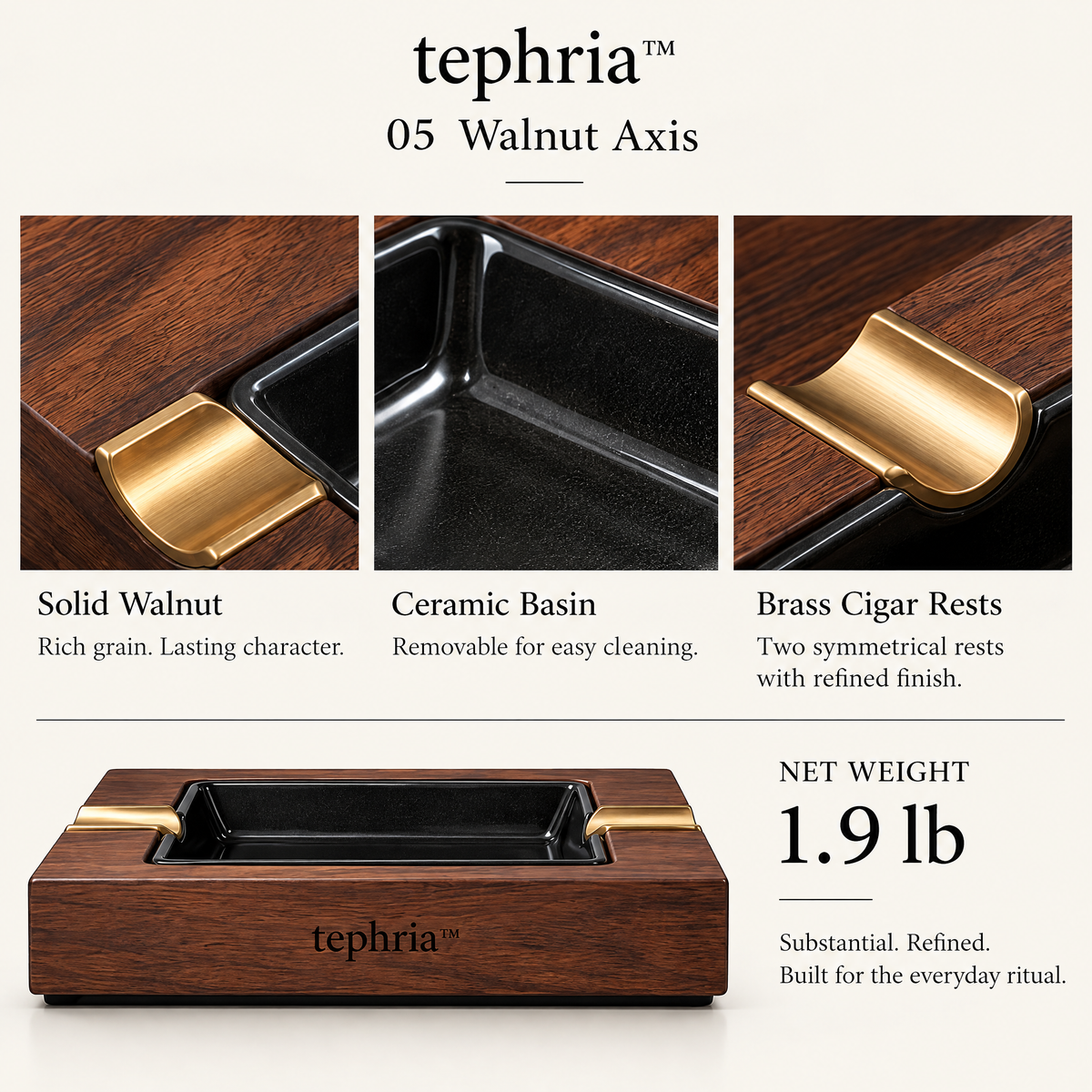 11-tephria™ 05 Walnut Axis — Walnut Ashtray with Removable Ceramic Basin and Brass Cigar Rests
