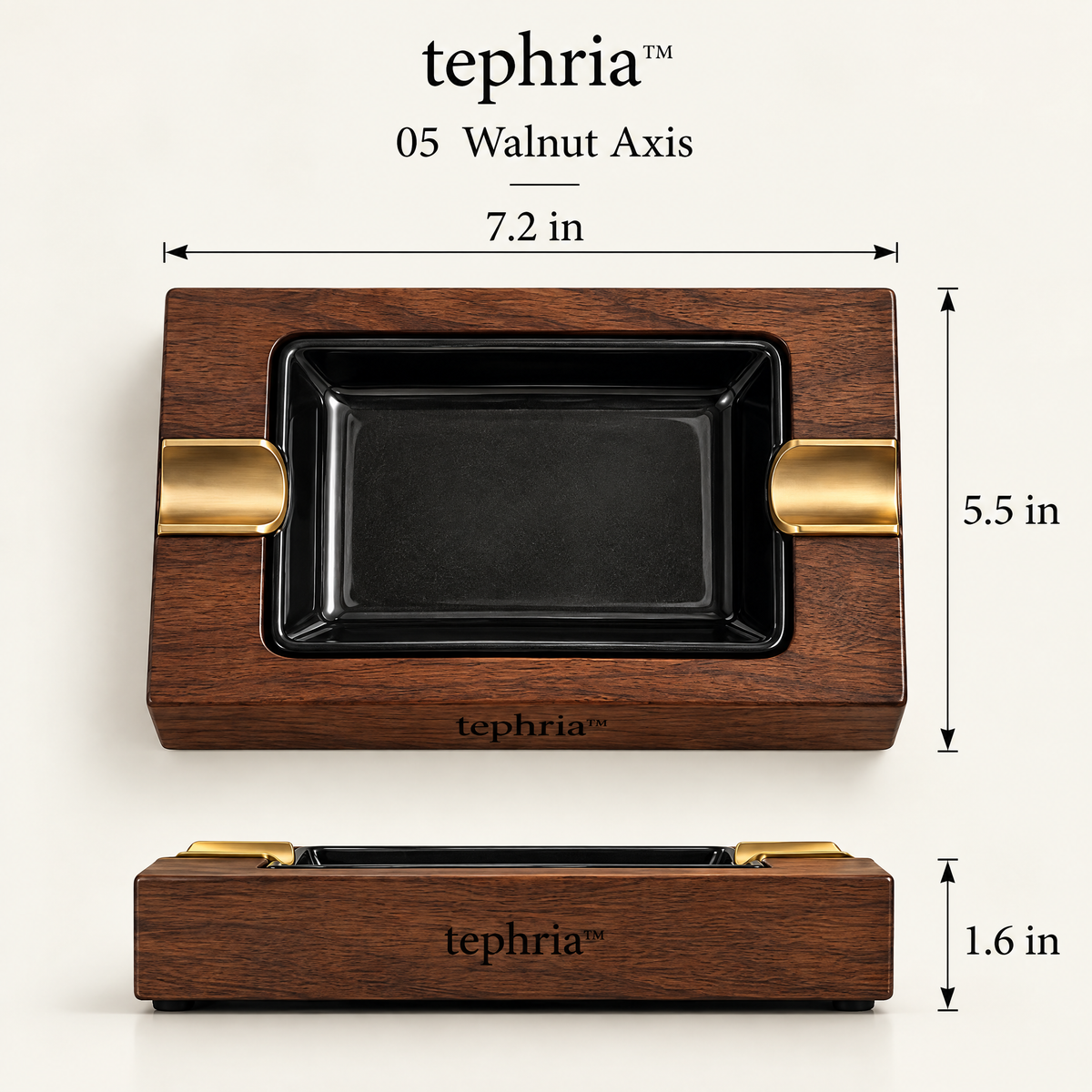 11-tephria™ 05 Walnut Axis — Walnut Ashtray with Removable Ceramic Basin and Brass Cigar Rests