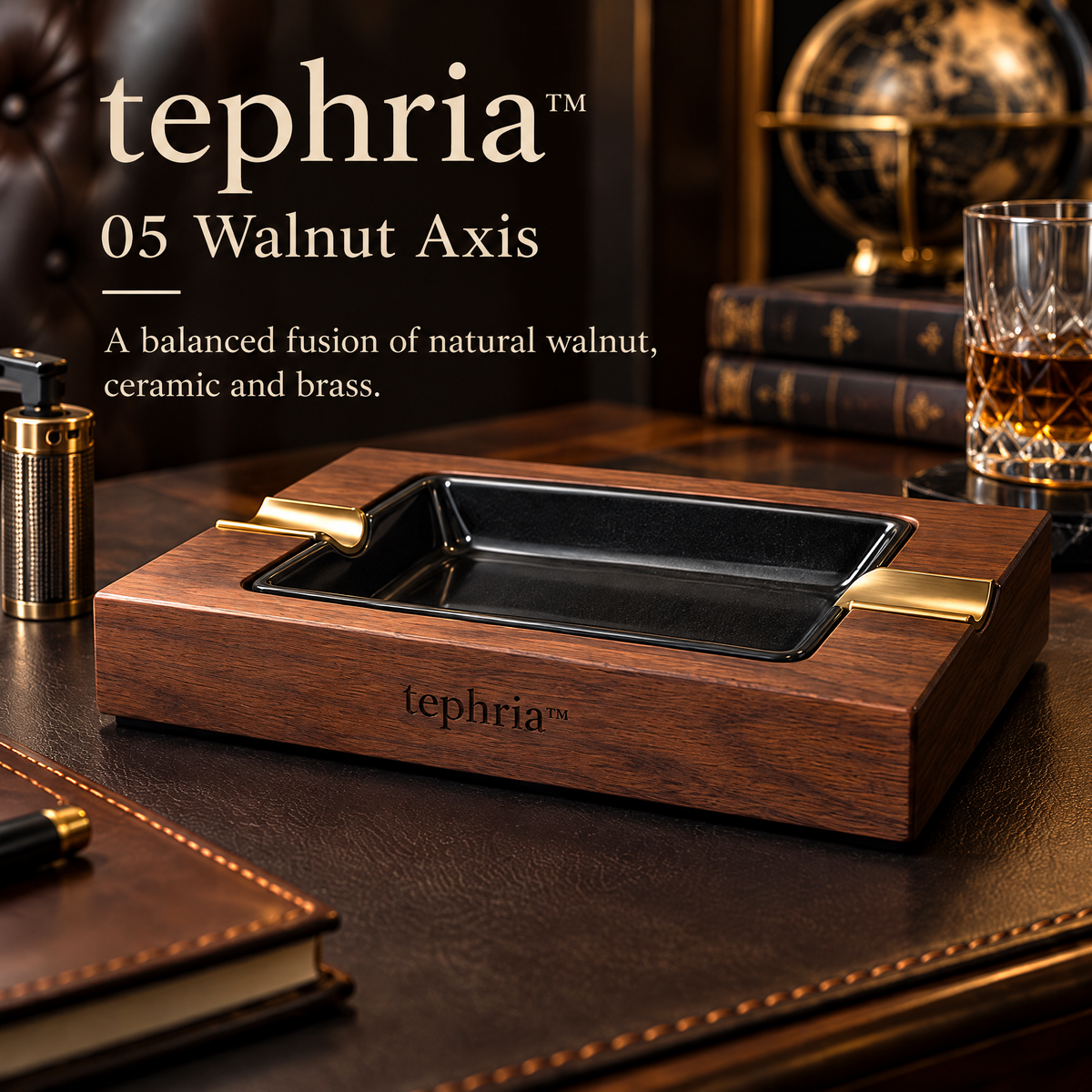 11-tephria™ 05 Walnut Axis — Walnut Ashtray with Removable Ceramic Basin and Brass Cigar Rests