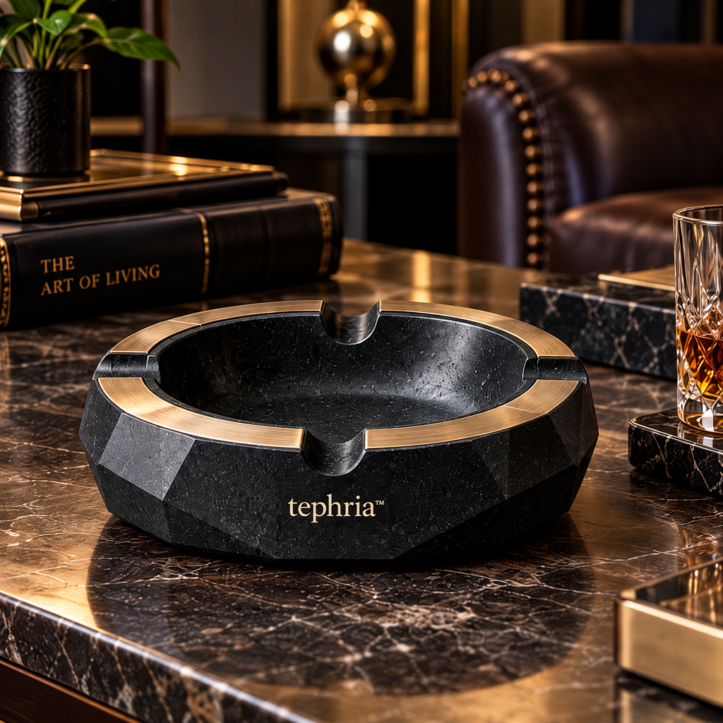 tephria™ Basalt Crown — Natural Basalt Ashtray with Brushed Bronze Ring