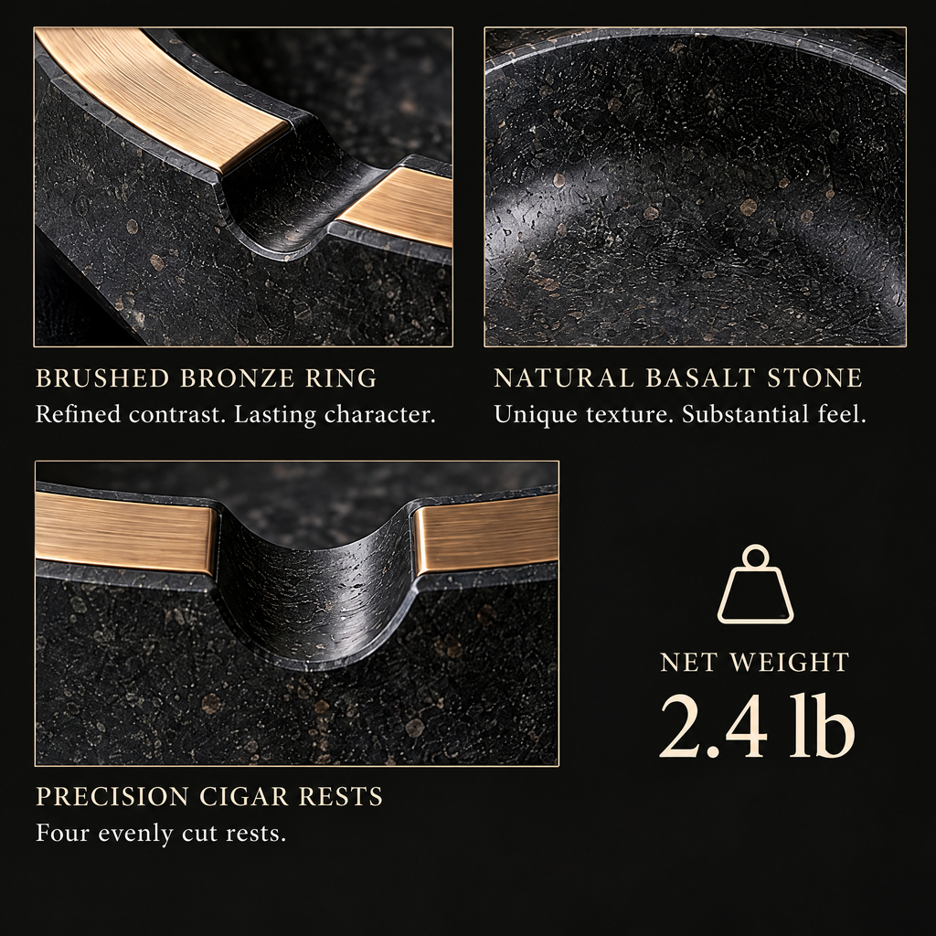 tephria™ Basalt Crown — Natural Basalt Ashtray with Brushed Bronze Ring