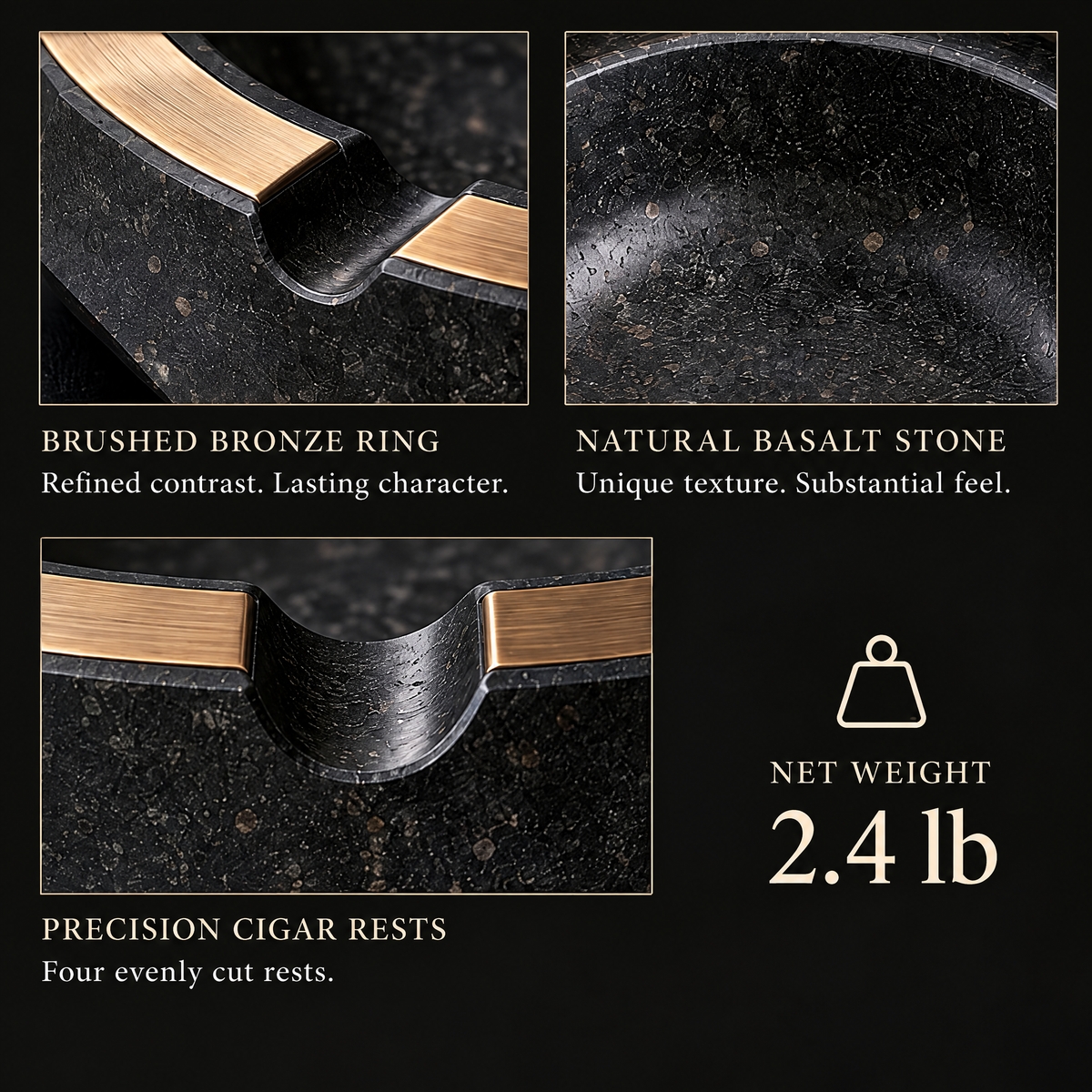 12-tephria™ Basalt Crown — Natural Basalt Ashtray with Brushed Bronze Ring