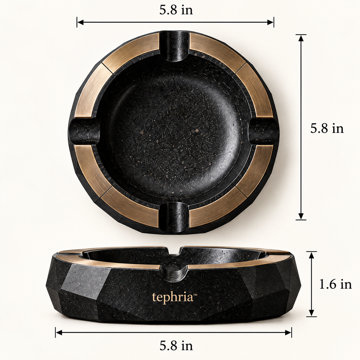 12-tephria™ Basalt Crown — Natural Basalt Ashtray with Brushed Bronze Ring