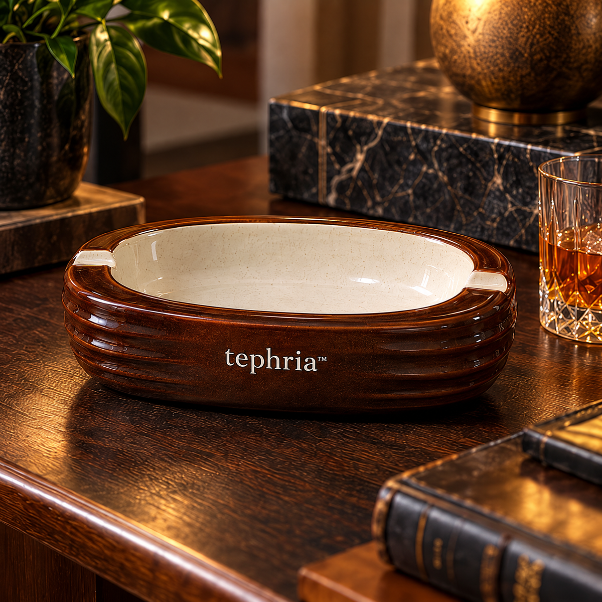 13-tephria™ 15 Sienna Strata — Layered Ceramic Ashtray with Speckled Glazed Basin