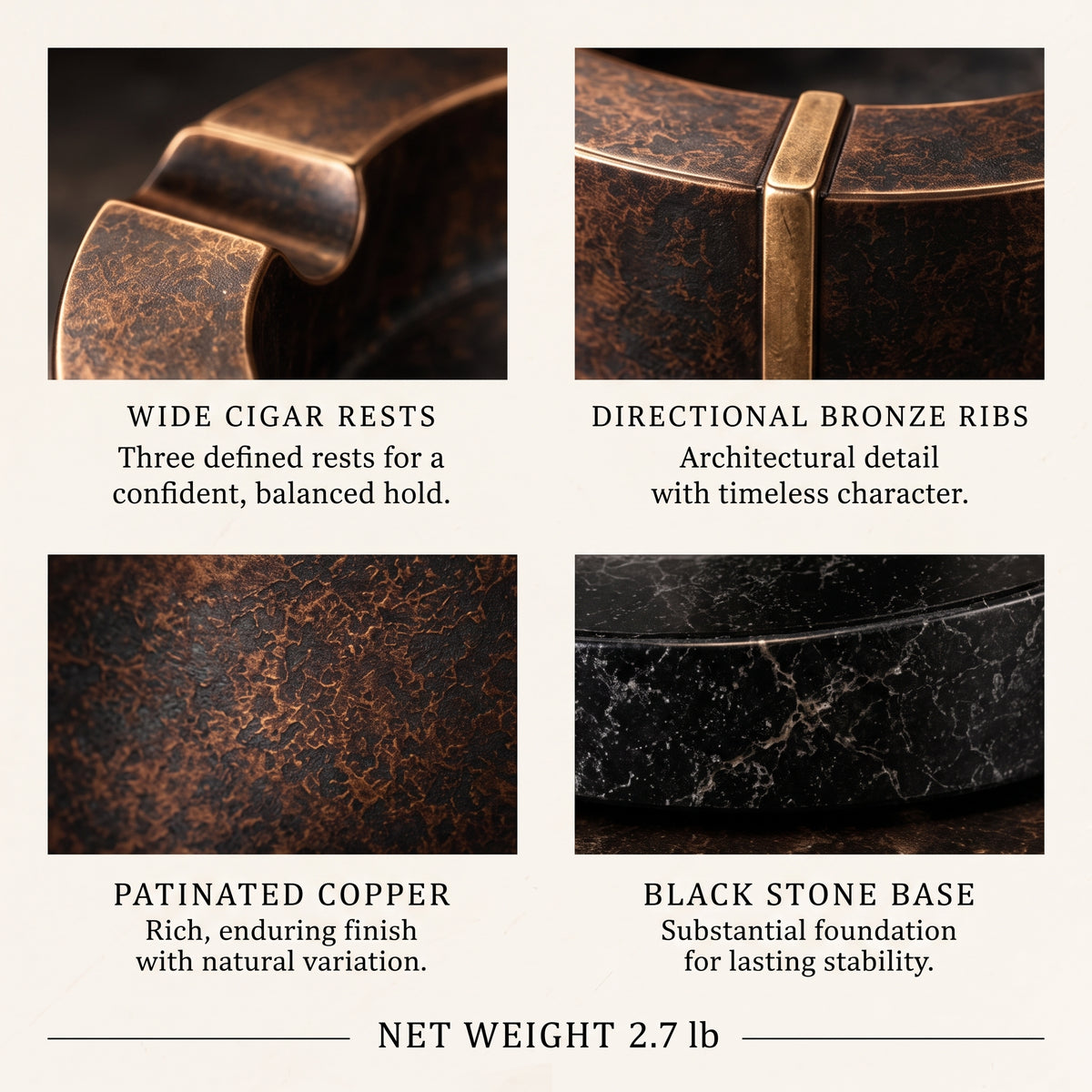 14-tephria™ 04 Copper Meridian — Patinated Copper Ashtray with Black Stone Base