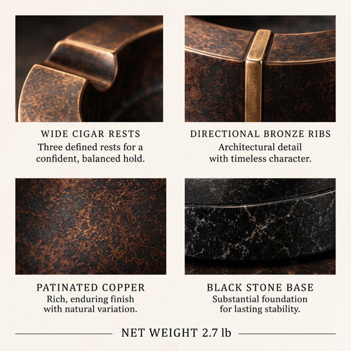 tephria™ 04 Copper Meridian — Patinated Copper Ashtray with Black Stone Base