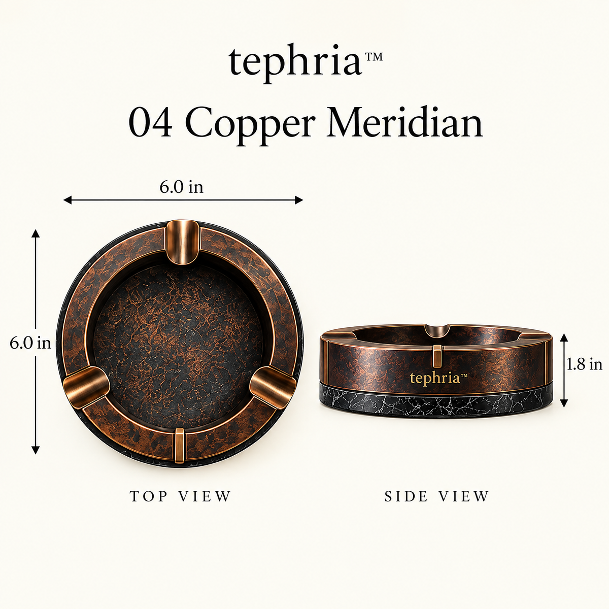 14-tephria™ 04 Copper Meridian — Patinated Copper Ashtray with Black Stone Base