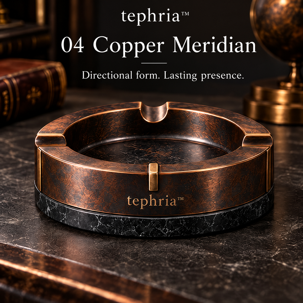 tephria™ 04 Copper Meridian — Patinated Copper Ashtray with Black Stone Base