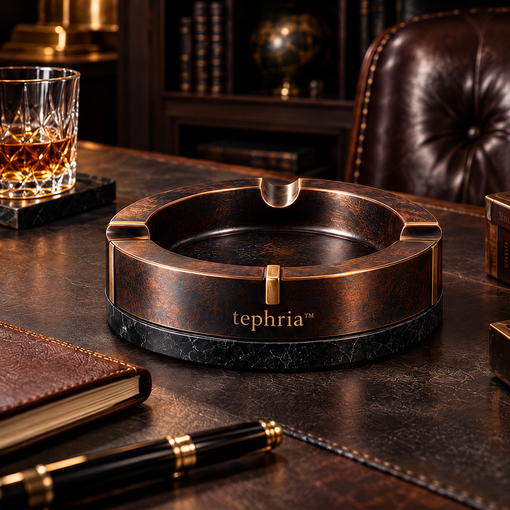 tephria™ 04 Copper Meridian — Patinated Copper Ashtray with Black Stone Base