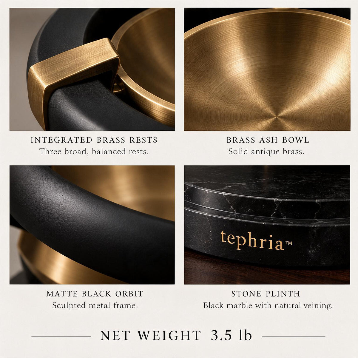 15-tephria™ 07 Onyx Orbit — Sculptural Brass Ashtray with Matte Black Frame and Marble Base