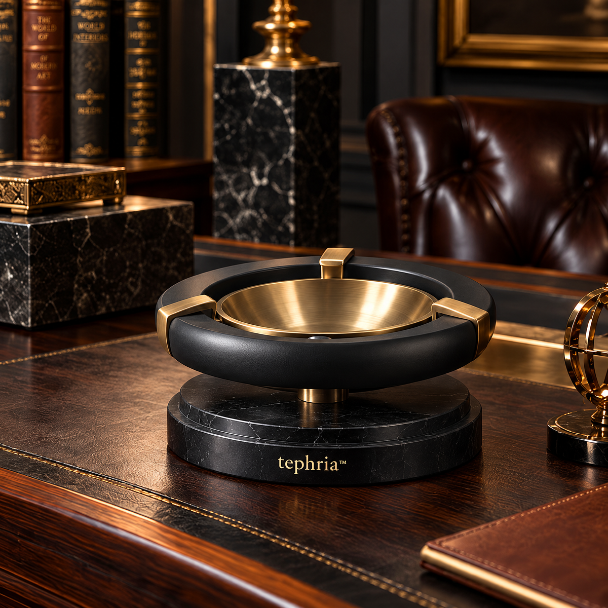 15-tephria™ 07 Onyx Orbit — Sculptural Brass Ashtray with Matte Black Frame and Marble Base