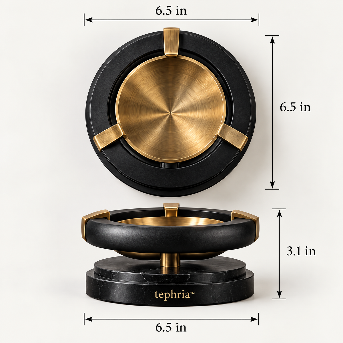 15-tephria™ 07 Onyx Orbit — Sculptural Brass Ashtray with Matte Black Frame and Marble Base
