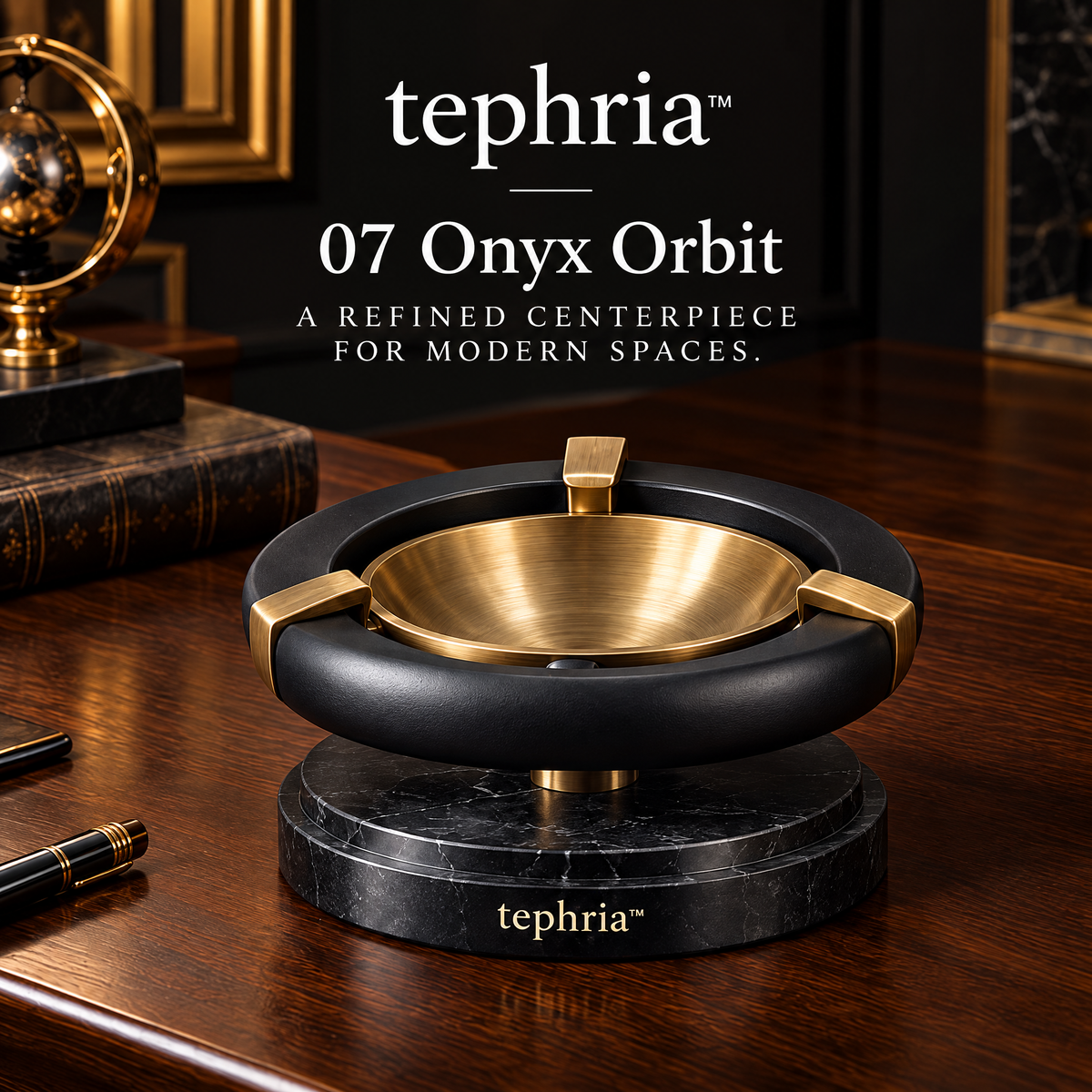 15-tephria™ 07 Onyx Orbit — Sculptural Brass Ashtray with Matte Black Frame and Marble Base