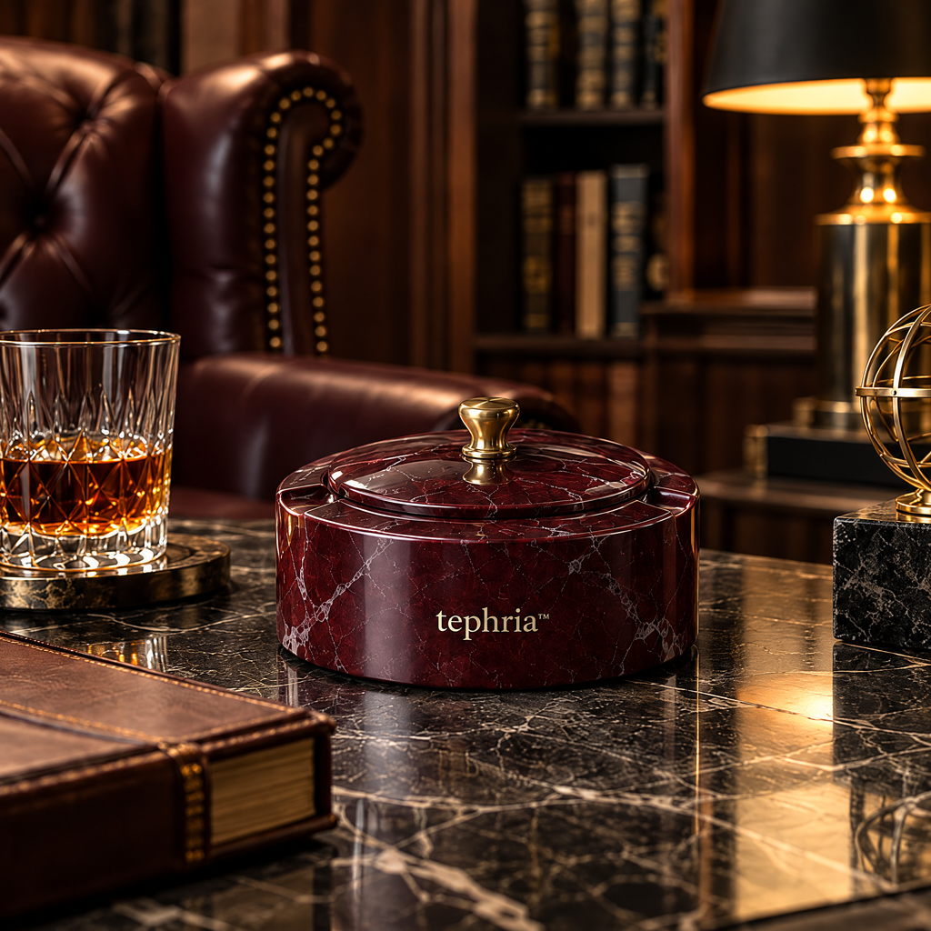 tephria™ 10 Ember Vault — Lidded Burgundy Marble Ashtray with Brass Knob