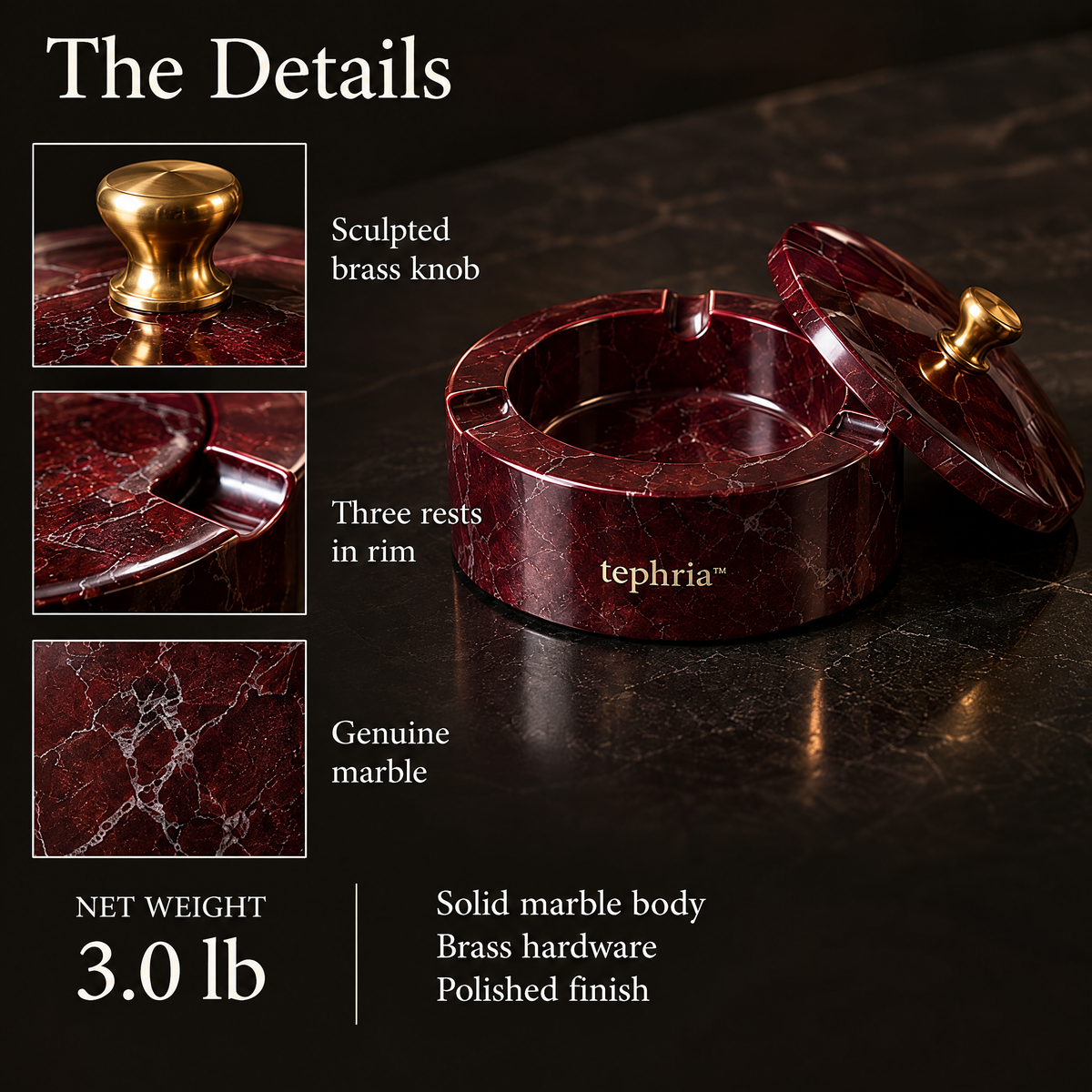 2-tephria™ 10 Ember Vault — Lidded Burgundy Marble Ashtray with Brass Knob
