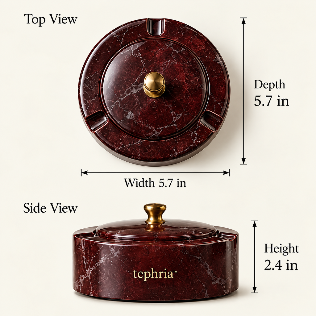 tephria™ 10 Ember Vault — Lidded Burgundy Marble Ashtray with Brass Knob