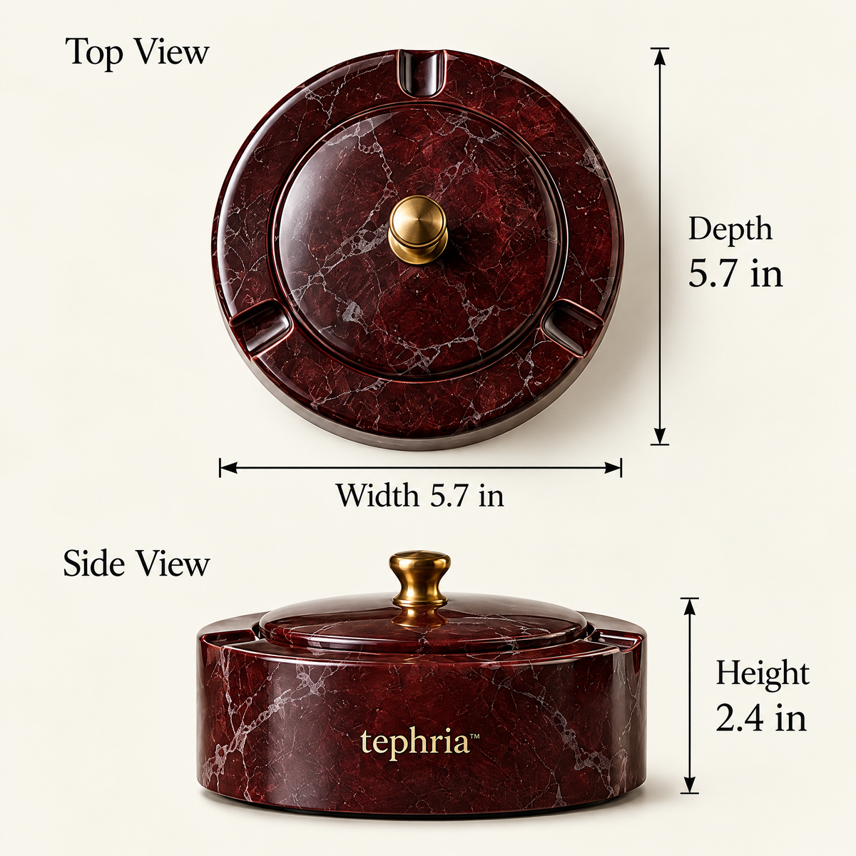 2-tephria™ 10 Ember Vault — Lidded Burgundy Marble Ashtray with Brass Knob