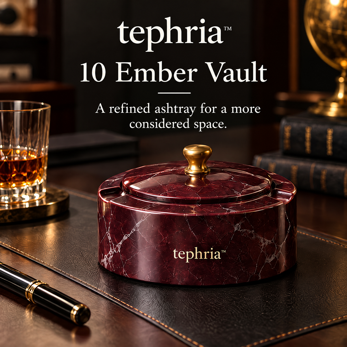 2-tephria™ 10 Ember Vault — Lidded Burgundy Marble Ashtray with Brass Knob