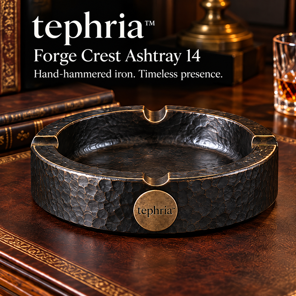tephria™ 14 Forge Crest — Hand-Hammered Iron Ashtray with Four Cigar Rests