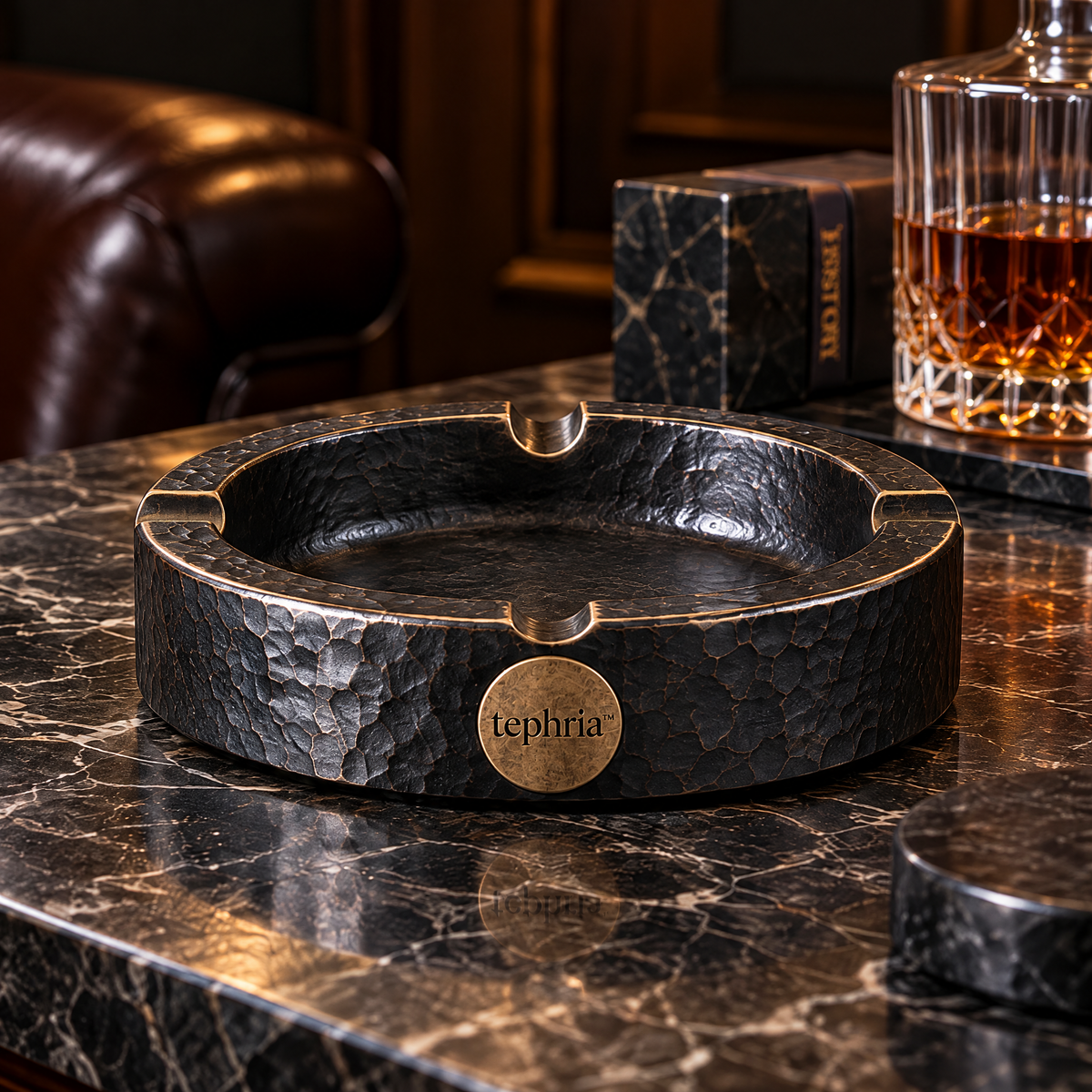 4-tephria™ 14 Forge Crest — Hand-Hammered Iron Ashtray with Four Cigar Rests