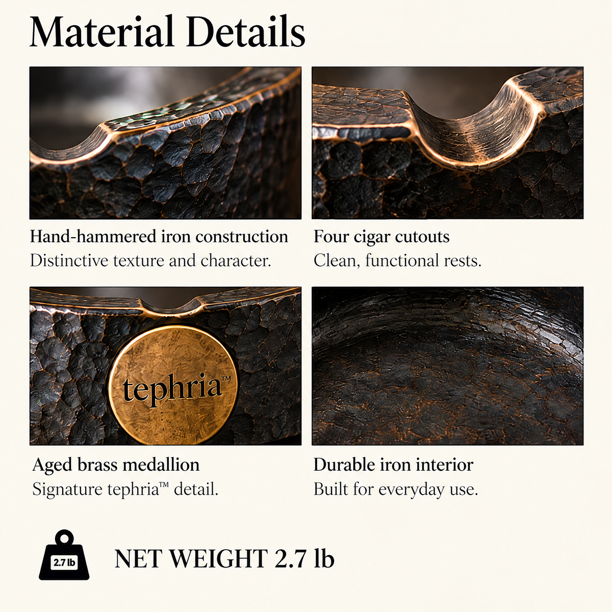 4-tephria™ 14 Forge Crest — Hand-Hammered Iron Ashtray with Four Cigar Rests