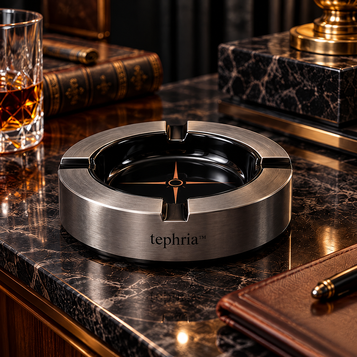 5-tephria™ 09 Iron Compass — Brushed Gunmetal Ashtray with Black Ceramic Bowl