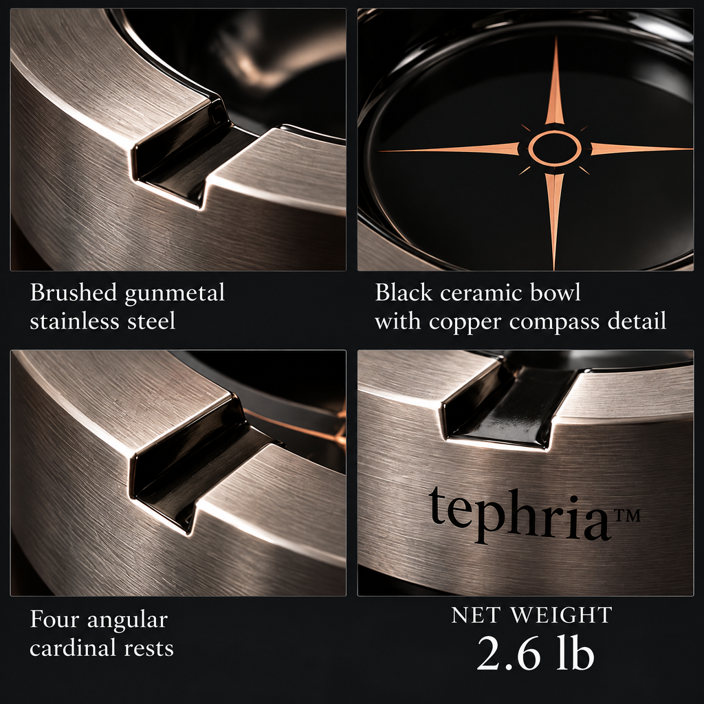 tephria™ 09 Iron Compass — Brushed Gunmetal Ashtray with Black Ceramic Bowl