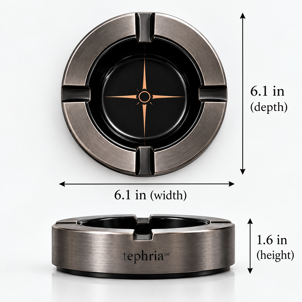 tephria™ 09 Iron Compass — Brushed Gunmetal Ashtray with Black Ceramic Bowl