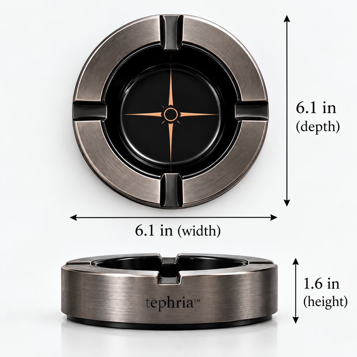 5-tephria™ 09 Iron Compass — Brushed Gunmetal Ashtray with Black Ceramic Bowl