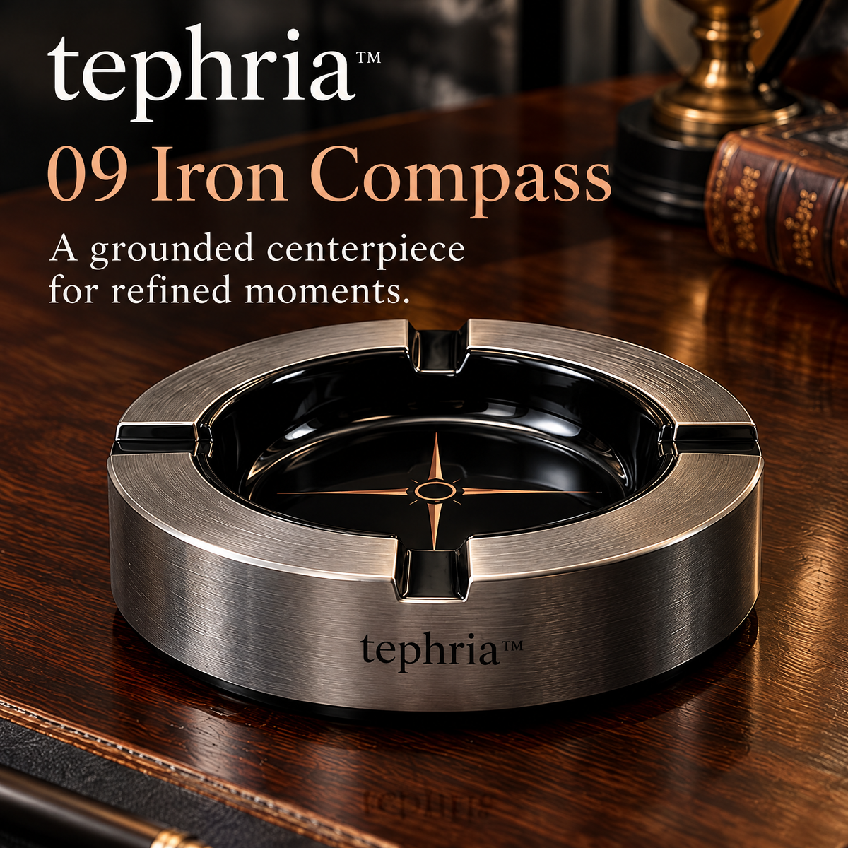 5-tephria™ 09 Iron Compass — Brushed Gunmetal Ashtray with Black Ceramic Bowl