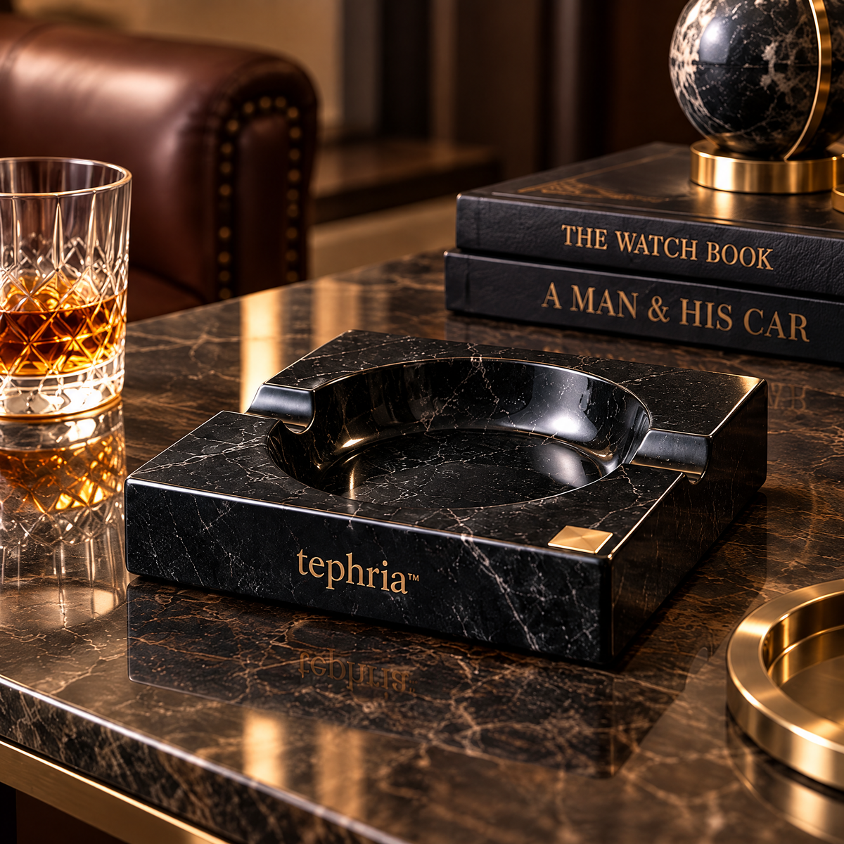 6-tephria™ Nero Square — Solid Black Marble Ashtray with Brass Inlay