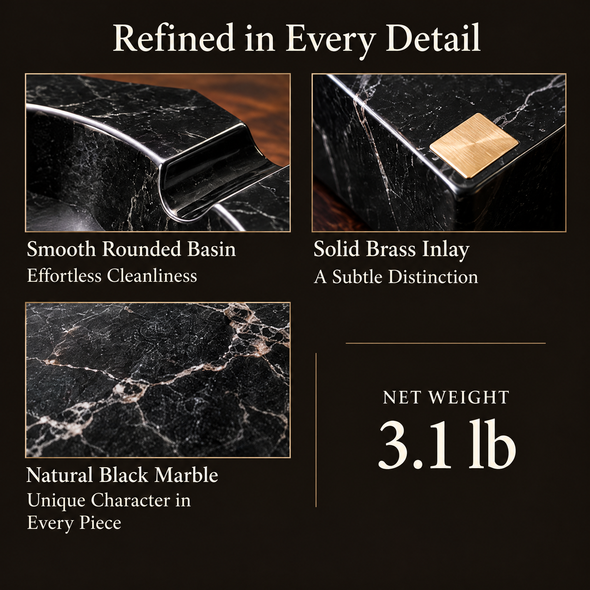 6-tephria™ Nero Square — Solid Black Marble Ashtray with Brass Inlay