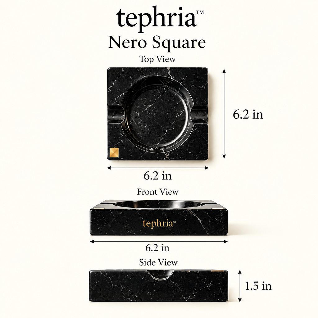 tephria™ Nero Square — Solid Black Marble Ashtray with Brass Inlay