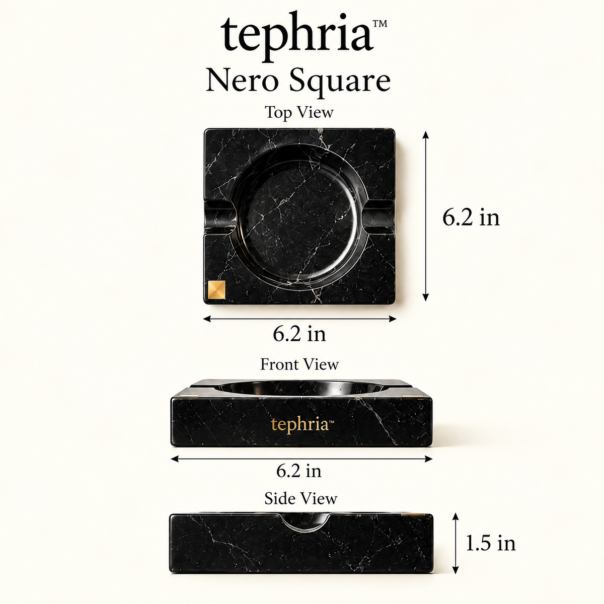 6-tephria™ Nero Square — Solid Black Marble Ashtray with Brass Inlay