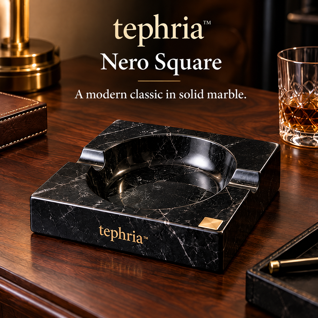 tephria™ Nero Square — Solid Black Marble Ashtray with Brass Inlay