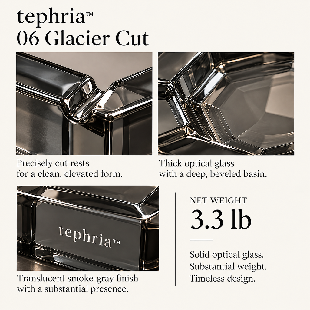 tephria™ 06 Glacier Cut — Smoke-Gray Optical Glass Ashtray
