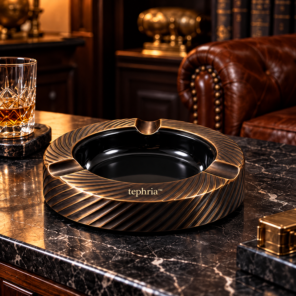 tephria™ 12 Brass Helix — Sculptural Brass Ashtray with Removable Black Ceramic Bowl