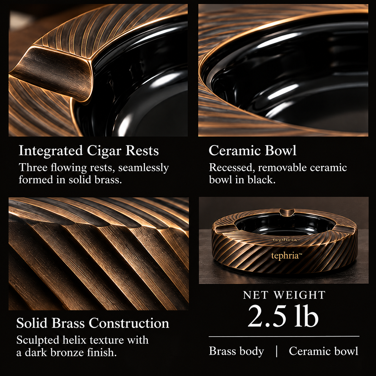8-tephria™ 12 Brass Helix — Sculptural Brass Ashtray with Removable Black Ceramic Bowl