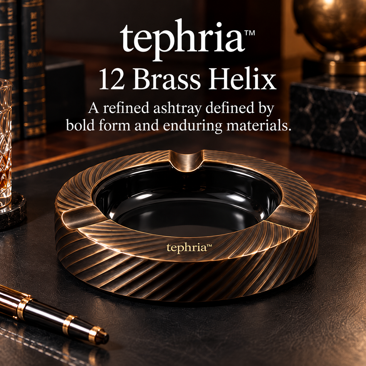 8-tephria™ 12 Brass Helix — Sculptural Brass Ashtray with Removable Black Ceramic Bowl